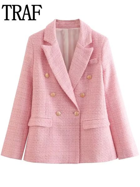 Ternos Femininos Blazers TRAF Blazer Rosa Feminino Outono Tweed Jaqueta Feminina Manga Comprida Jaqueta Vermelha Preta Casual Jaqueta Blazer Feminina com Abotoamento Duplo 230728