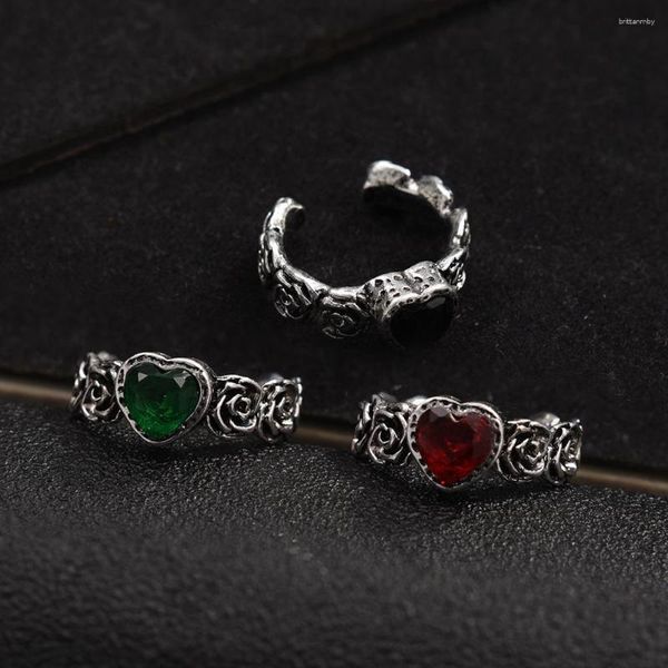 Anelli a grappolo Fiore vintage Distressed Zircone nero a forma di cuore per le donne Festa di compleanno Colore argento Anello aperto Regali di gioielli