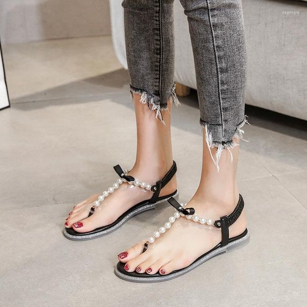 Sandalen Fairy String Bead Clip Toe Gladiator Frauen Flip Flops Sommerschuhe Flache Kristallperle Bogenknoten Sandalias Plus Größe 35-43