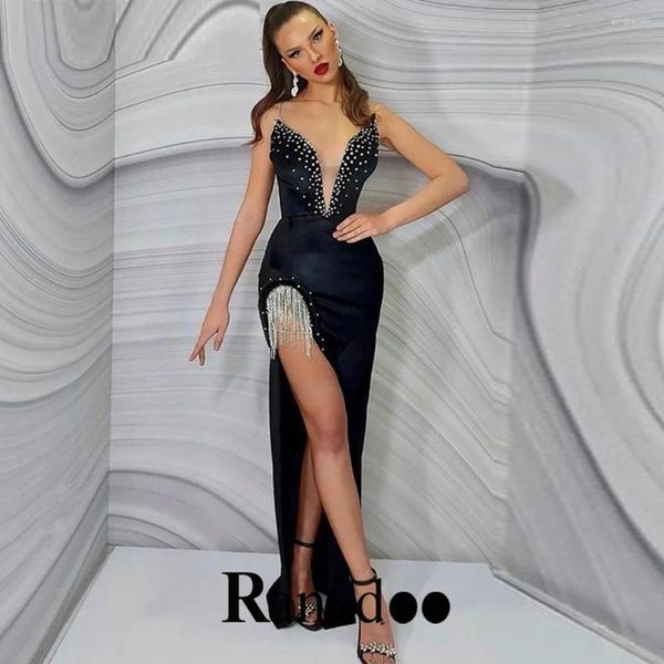 Partykleider Ranadoo, tiefer V-Ausschnitt, luxuriöses Promi-Kleid, Abendkleid, Strass, ärmellos, Quasten, Spaghettiträger, Trompete, bodenlang