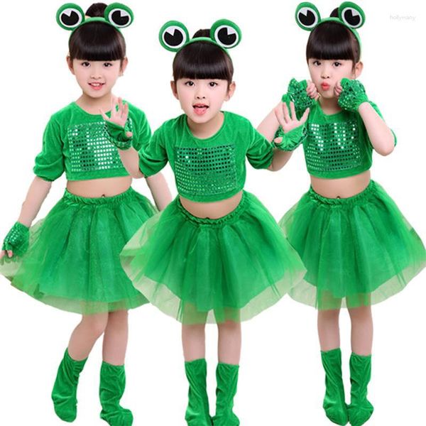Sahne Giyin Çocuklar Küçük Kurbağa Performans Kostümü Yeşil Uzun Kollu Hayvan Giyim Sizli Tutu Etek Erkekler ve Kızlar
