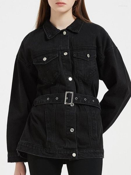 Женские куртки уличная одежда Женщины Свободная односпальная ретро -ретро -черная джинсовая куртка весна осень женская женская джинсовая одежда