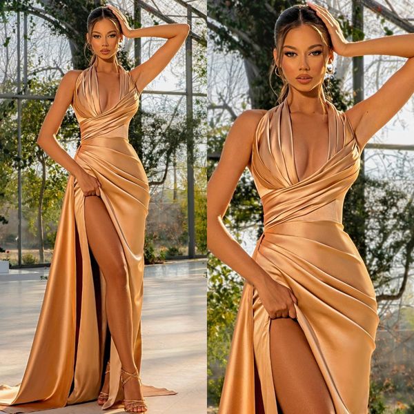 Vestidos elegantes de noite de champanhe Gold Dresss Pleats Halter Party Prom Split Long Dress for Special OCN