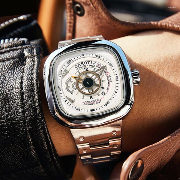 Armbanduhren Carotif Business Lederarmband Herren Quarz-Armbanduhr 30 m wasserdicht Kalenderanzeige Quadratisches Zifferblatt Skeleton Herrenuhren