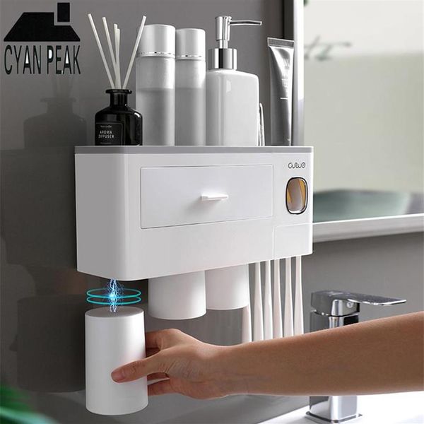 Conjunto de acessórios de banho de adsorção magnética porta escova de dentes automático dispensador de pasta de dente espremedor rack de armazenamento montagem na parede banheiro 263h