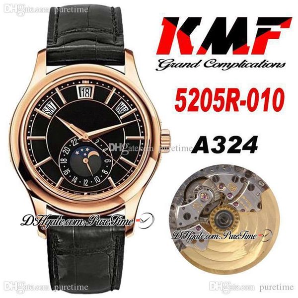 KMF Complicazioni Calendario annuale Cal 324SC Orologio da uomo automatico in oro rosa 5205R-010 Cinturino in pelle con quadrante nero con fasi lunari Orologi S314t