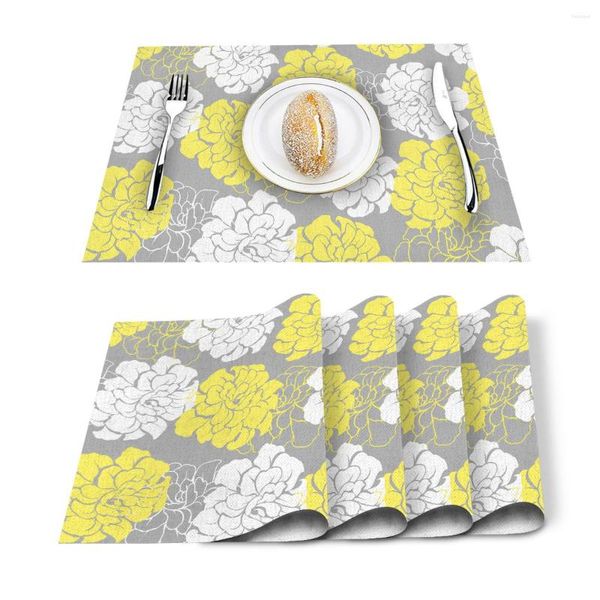 Runner da tavola 4/6 pezzi Set stuoie Fiore di peonia Pianta Tovagliolo stampato giallo bianco Accessori da cucina Tovagliette decorative per feste domestiche
