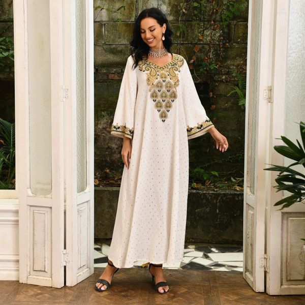 Abbigliamento etnico Abiti mediorientali Abaya Dubai Abiti da sera con scollo a V Turchia Abiti femminili arabi Islam Kaftan Ramadan Donne musulmane Bianco