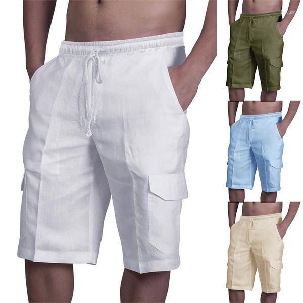 Erkek Şort 2023 Yaz Keten Çok Çantalı Halat Elastik Bel Sıradan Düz Renk Plaj Pantolon
