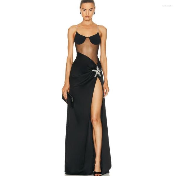 Vestidos casuais femininos preto sexy sem costas vestido longo 2023 elegante dobra de seda fino fenda quadril festa celebridade