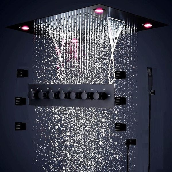 Set doccia nero da 24 pollici per bagno grande SUS304 6 funzioni Soffione doccia Systerm Miscelatore termostatico Getti a cascata Soffitto a led Lig299x