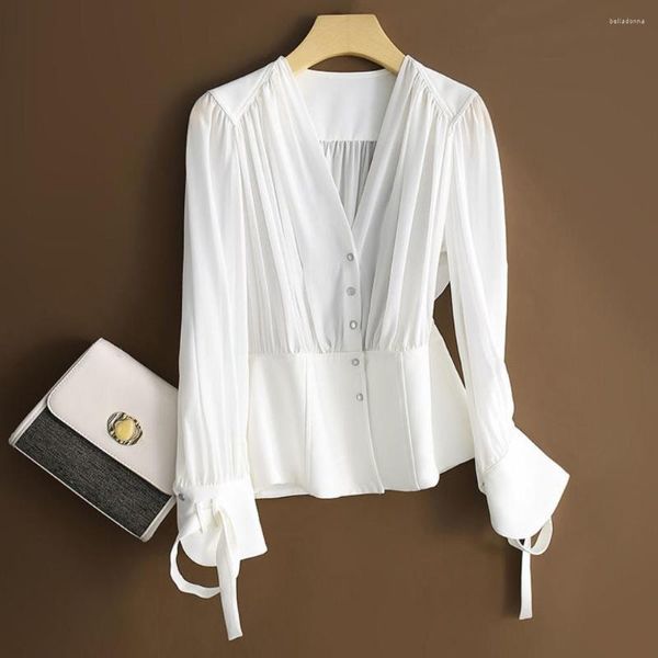 Damenblusen, modische weiße Chiffon-Hemden, lässig, Sommer, lange Ärmel, durchsichtig, elegante Falten, Büroarbeitskleidung