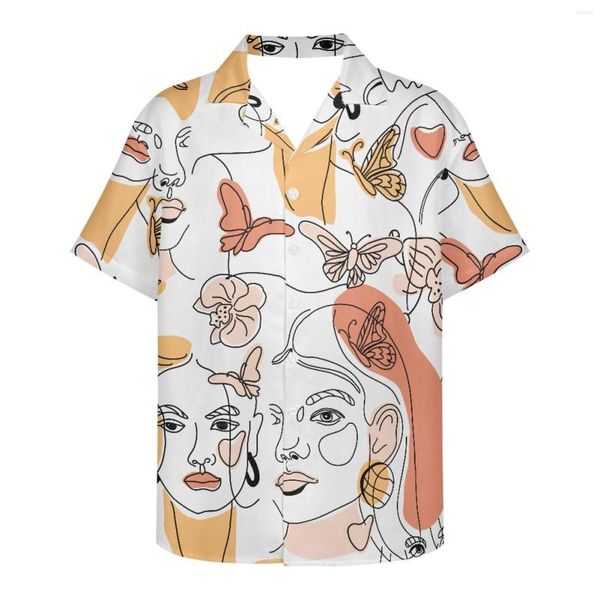 Camisas casuais masculinas Linhas artísticas Padrão Beleza Rosto Moda Personalidade 2023 Solta Respirável Impressão 3D Moderna Legal Praia havaiana