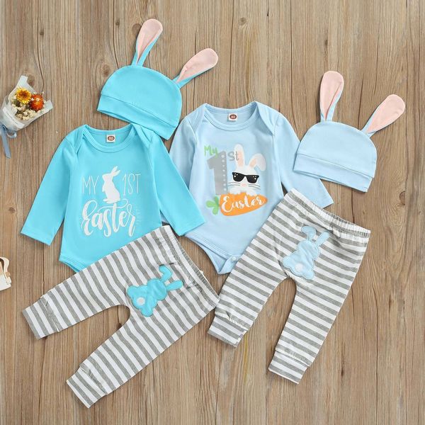 Conjuntos de roupas Citgeett Spring Easter born Baby Girls Boys Conjunto de roupas Manga comprida Coelho Impresso Romper Calça listrada Chapéu de desenho animado 230728