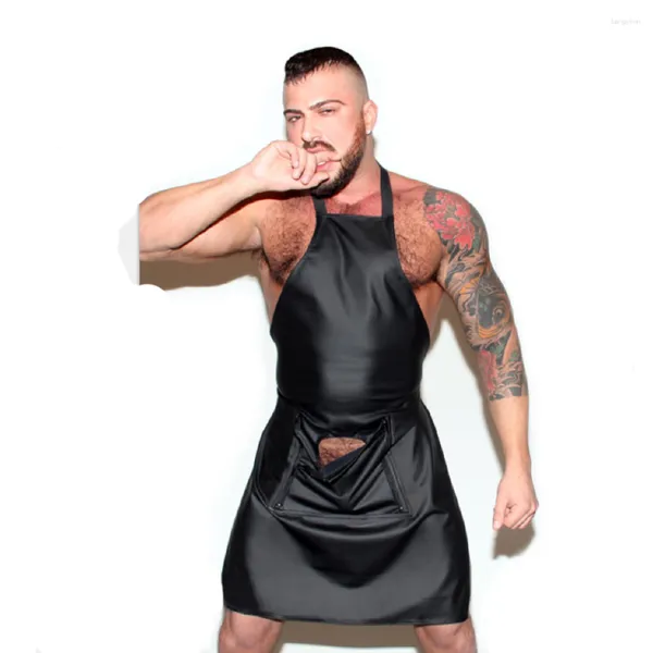 Tute da uomo Pelle verniciata nera Con apertura sul cavallo Grembiule sexy per uomo Divertente Novità Night Party Clubwear Scollo all'americana Set di palcoscenici fetish