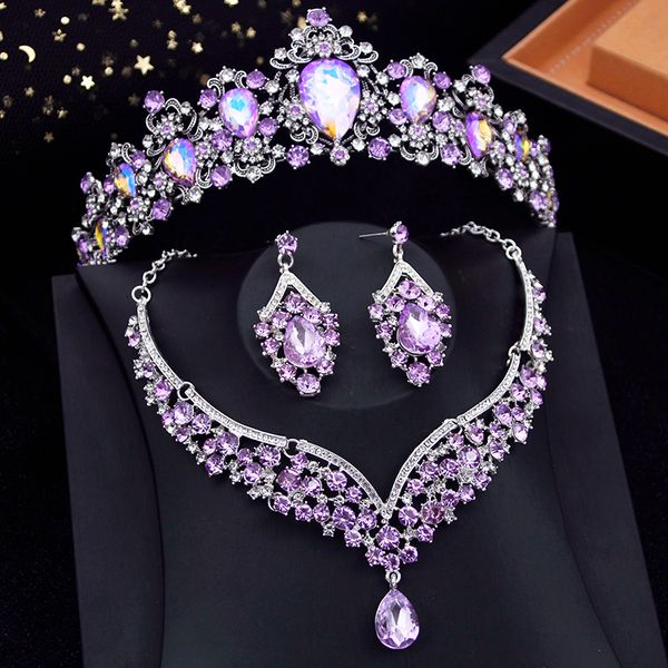 Conjuntos de joias de casamento fashion roxo cristal coroa noiva para mulheres tiaras colar de noiva conjunto vestido de festa dubai conjuntos 230729