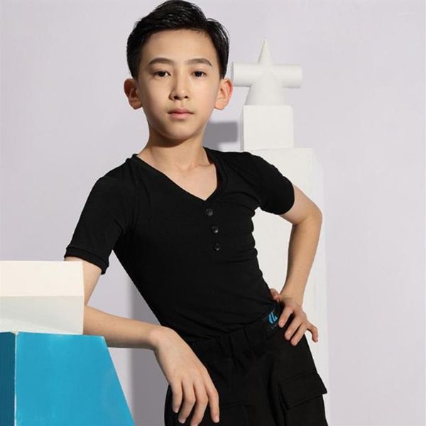 Stage Wear Manica corta Bambini Top da ballo latino Design professionale con scollo a V T-shirt da ballo maschile Abiti da tango da sala da ballo282i