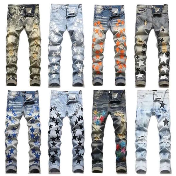 Jeans skinny de grife masculino calça de moletom esticada de moda de verão calça skinny casual padrão de estrelas calça rasgada oversized