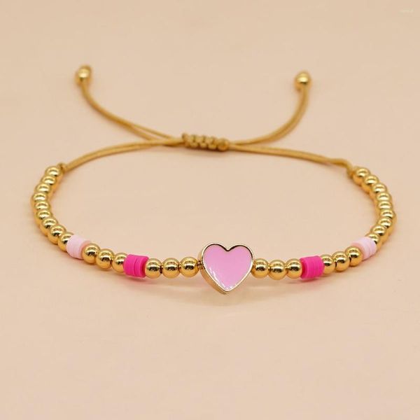 Strand Go2boho Sommer-Damen-Armband mit goldenen Perlen, rosa Emaille, Herz-Charm, Freundschaft, verstellbar, Modeschmuck