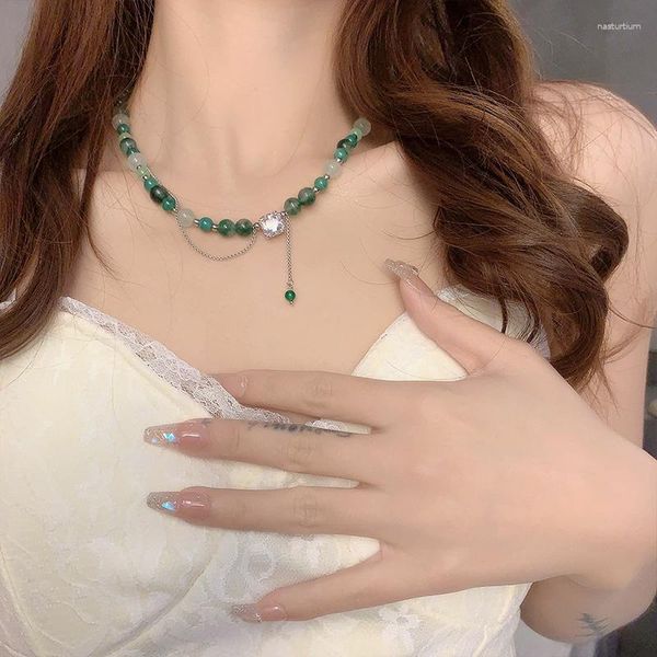 Catene Avanzate Collana Di Perle Di Giada Verde Scuro Con Elegante Nappa In Zircone Catena A Clavicola E Collo Di Alta Qualità In Stile Cinese