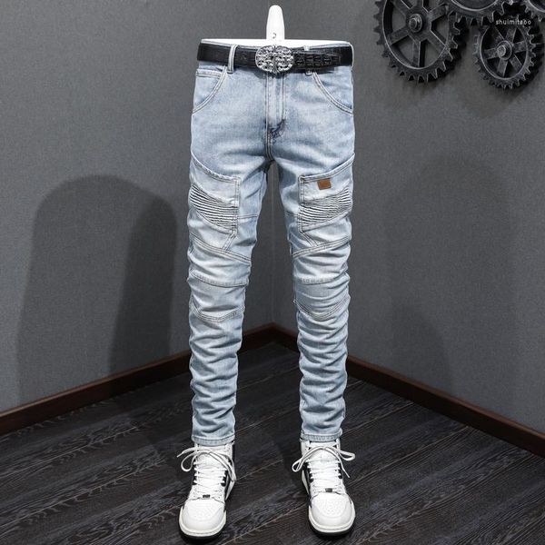 Jeans Masculino Moda de Rua Masculino Retrô Azul Claro Elástico Elástico Ajuste Justo Com Emendas Designer Biker Bolso Remendado Calça Hip Hop