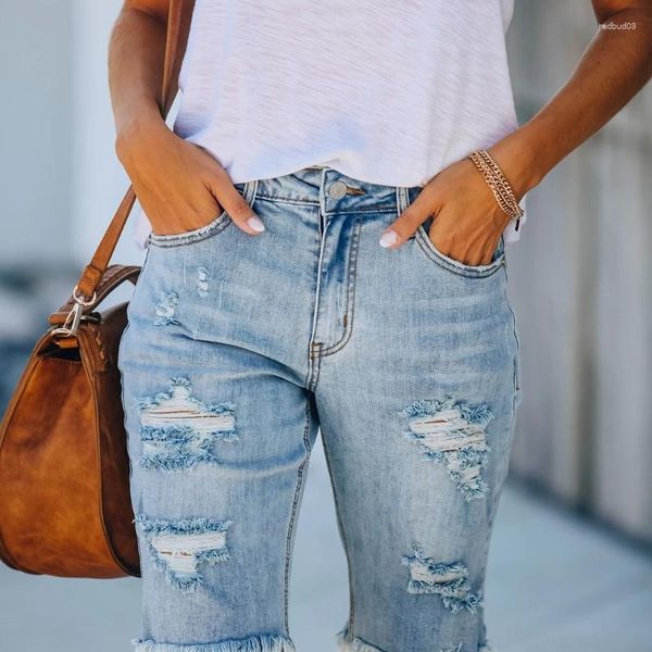 Jeans da donna Pantaloncini di jeans da donna con fori strappati strappati blu slouchy