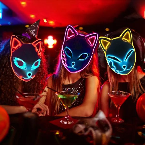 Máscara facial de gato brilhante LED de festa Cool Cosplay Neon Demon Slayer Máscaras de raposa para presente de aniversário Festa de carnaval Masquerade Halloween 0729