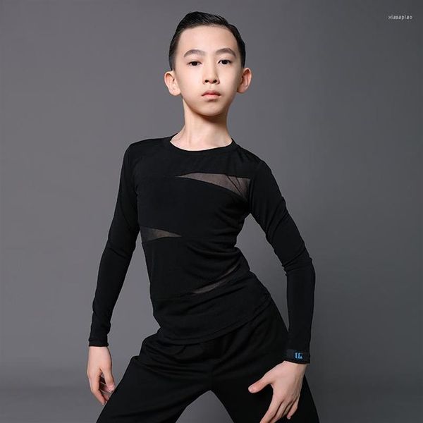 Vestuário de palco Camisa de dança latina Trajes de meninos Preto Manga comprida Dancewear Cha Samba Ballroom Vestido de competição DN7116283j