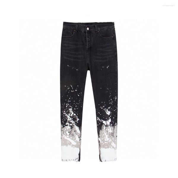 Jeans masculino Primavera e outono Casual Splash Ink Zíper lateral Calça jeans lavagem Artesanato antigo Roupa de rua