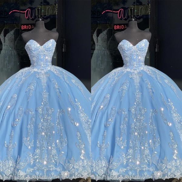 Bling marfim lantejoulas apliques vestidos de baile quinceanera claro céu azul espartilho sem alças princesa sem costas vestido formal noite doce303z