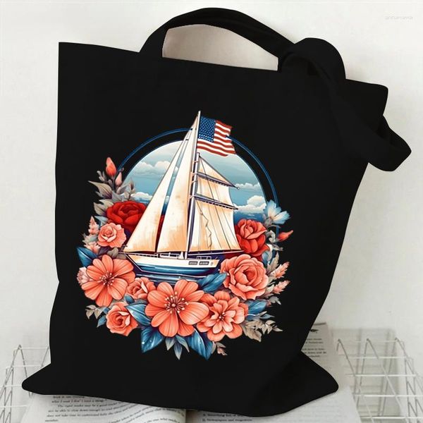 Alışveriş çantaları vintage barış usa omuz çantası Amerikan bayrağı yelkenli harajuku tuval tote 4 Temmuz Vatansever Kadın Çantaları