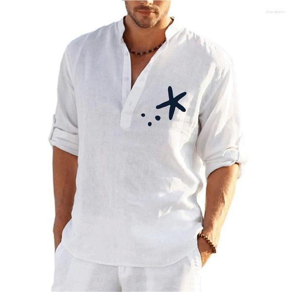 T-shirt da uomo 2023 T-shirt a maniche lunghe in lino estivo Camicia a stelle marine stampata in cotone tinta unita