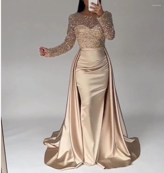 Partykleider Luxus Champagner Arabisch Abendkleid mit Überrock Zug Elegante Pailletten Langarm Prom Chic Frauen Geburtstagskleid