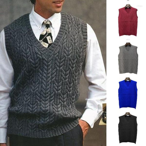 Coletes masculinos Suéter quente de malha com decote em V Pulôver masculino simples para todos os jogos sem mangas Coletes