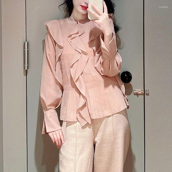 Frauen Blusen WAKUTA Dot Einfarbig Seidige Frauen Tops Mode Spitze Blusas Mujer 2023 Japanischen O Neck Rüschen Lange ärmeln Hemd