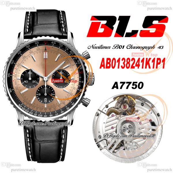 BLS Navitimer B01 ETA A7750 Cronógrafo Automático Mens Watch Brown Stick Dial Couro Preto Com Linha Branca AB0138241K1P1 Super Edition Reloj Hombre Puretime G7