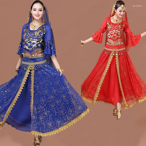 Vestuário de palco 4 pçs/conjunto adulto fantasia de dança do ventre roupas de performance vestido oriental de alta qualidade para mulheres 3 cores