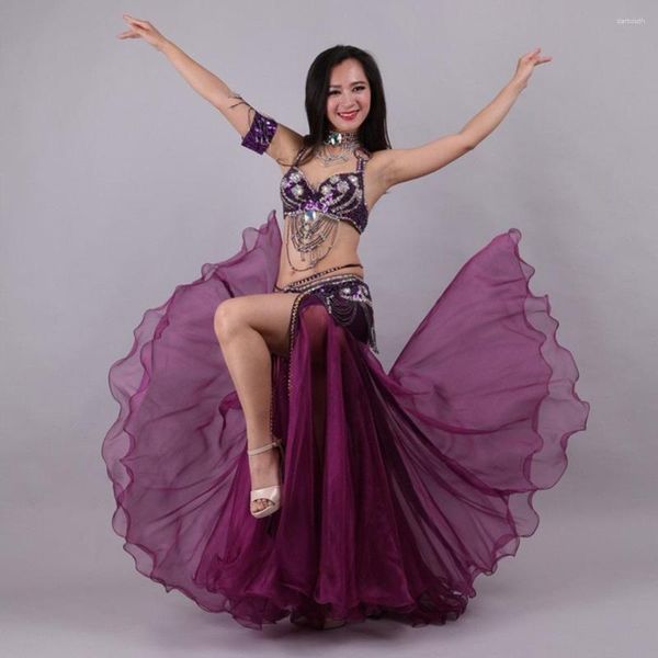 Traje de Palco Vermelho Roxo Branco 6 Cores Oriental Feminino Adulto Dança do Ventre Índia Fato Sutiã Cinto Saia Longa Performance Roupas