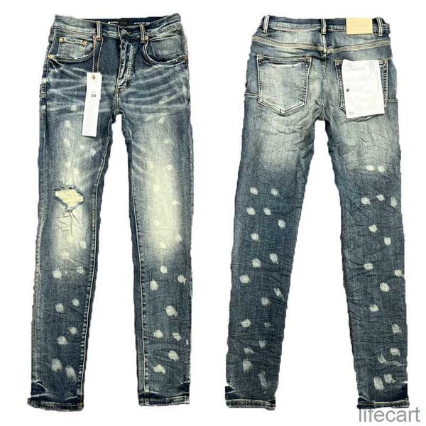 Jeans roxos masculinos de grife hip-hop fashion com zíper e lavagem com furos calças jeans retrô com costura dobrada rasgada para motociclismo masculino legal e fino calça azul celeste para mulheres Gh50