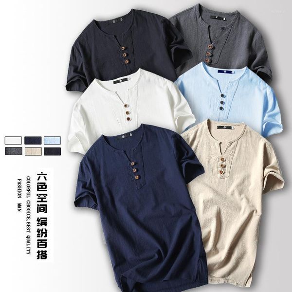 Camisetas masculinas 2023 camiseta de linho algodão manga curta fina casual masculina para homens tops roupas masculinas