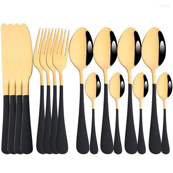 Geschirr Sets Küche 16 teile/satz Western Schwarz Griff Gold Geschirr Edelstahl Besteck Abendessen Löffel Gabel Messer Besteck