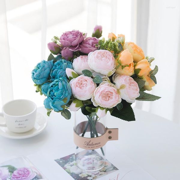 Fiori decorativi Bouquet artificiale da 30 cm 5 teste grandi e 4 gemme rosa peonia di seta rosa finta per forniture di nozze per la casa al coperto