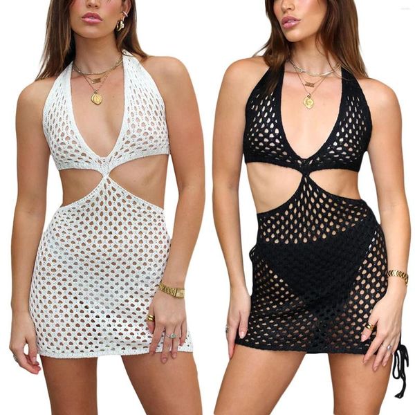 Повседневные платья Женщины вязаные поля Halter Hollow Out Summer Sexy Lace Up Cutout V-образное вырезок Crochet Beach Женщина Вестидо