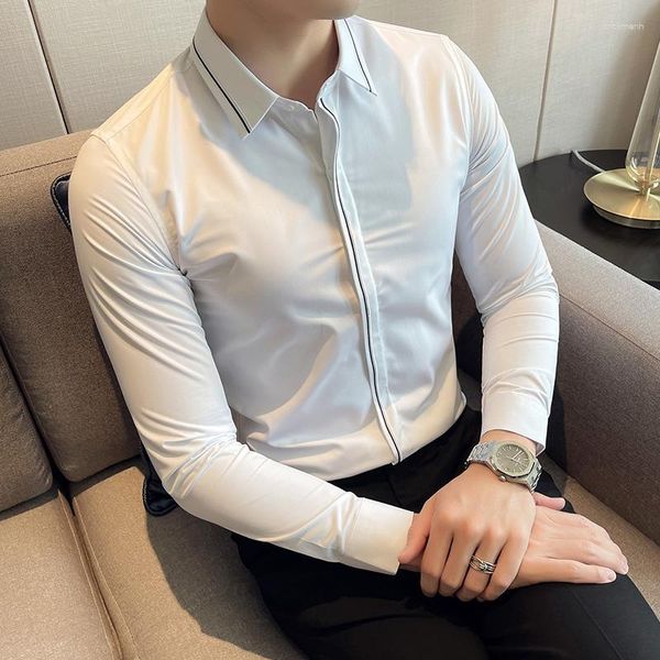 Camisas casuais masculinas de manga comprida branca para roupas masculinas simples justas camisa social vestido smoking negócios roupa formal