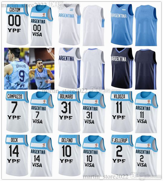 Camisas de basquete da Copa do Mundo FIBA Argentina 2023 7 Facundo Campazzo 31 Leandro Bolmaro 14 Gabriel Deck 11 Jose Vildoza 10 Carlos Delfino 2 Maximo Fjellerup 9 Brussino