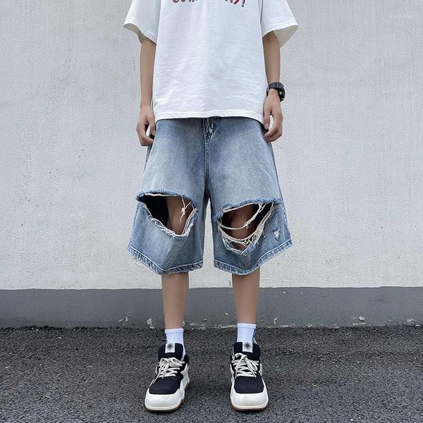 Pantaloncini da uomo Summer Strappato Denim Five-Point Jorts Casual Hip Hop Gamba larga Straight Cargo Street Fashion