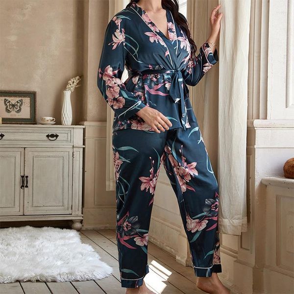 Indumenti da notte da donna Pigiama allentato Set stampa floreale 2 pezzi con pantaloni da donna in raso con scollo a V Pigiama per donna