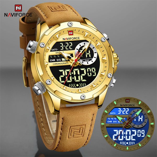 Начатые часы Naviforce Luxury Brand Оригинальные часы для мужчин Собственные спортивные хронографские тревоги Quartz Watch Watch Кожаные водонепроницаемые часы 9208 230728