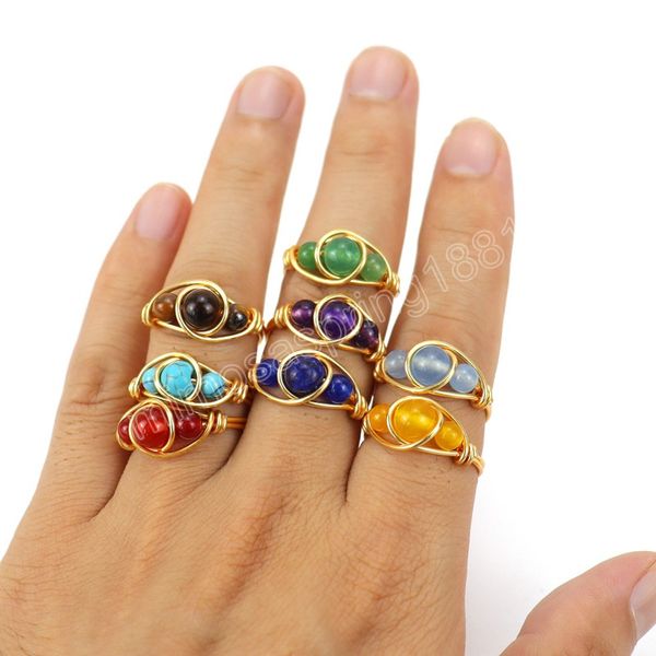 Anéis simples e delicados feitos à mão com arame enrolado natural ágata pedra ametista anéis de metal para mulheres meninas anéis geométricos de nova personalidade