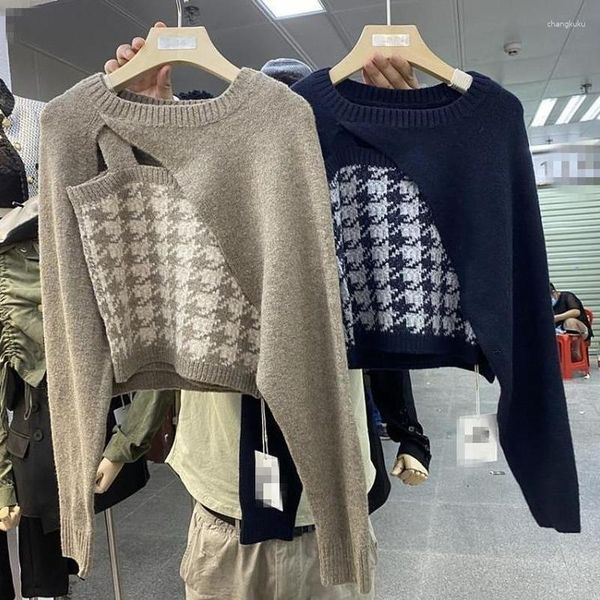 Kadın Sweaters Kısa Düzensiz Kontrol Edilmiş Örme Sökü Yelek İç Ekose Dışları Tanklar Kolsuz Altılar Sonbahar Bölünmüş İki Parçalı Set Dans Mahsulü